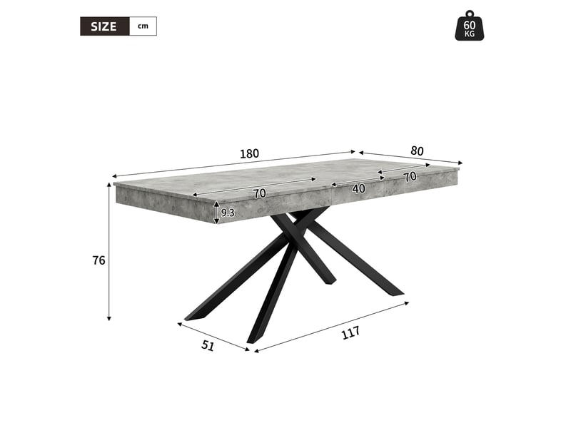  Table à manger extensible, 140-180x80x76 cm, salle à manger, design moderne, plateau mdf, piètement métal, coloris gris  - Conforama C