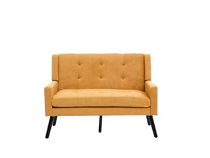 Banquette 2 places jaune en lin premium, pieds bois massif antidérapants, mousse haute densité, capitonnée, salonchambrebureau