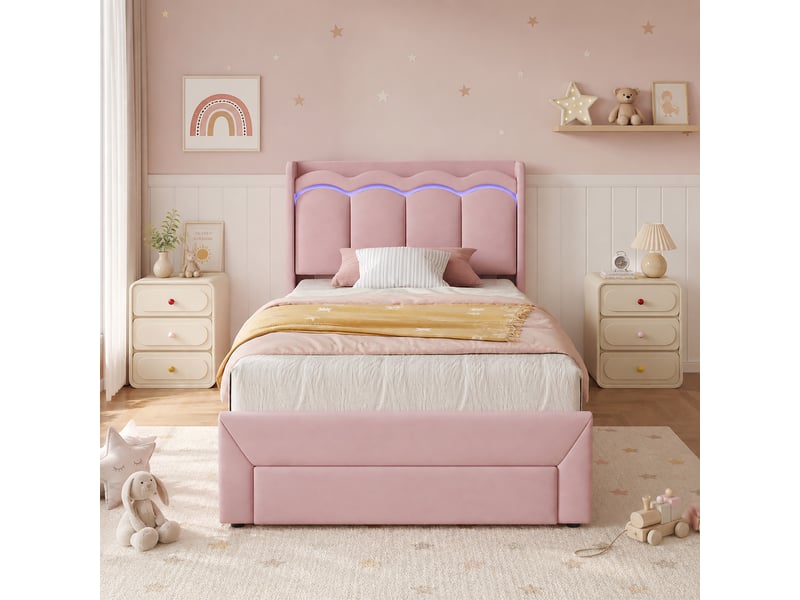  Lit enfant 90x200 cm avec led, tête de lit ondulée avec rangement, tiroir de lit, lit rembourré en velours rose OMNIGLINT TRADING LTD - Conforama D