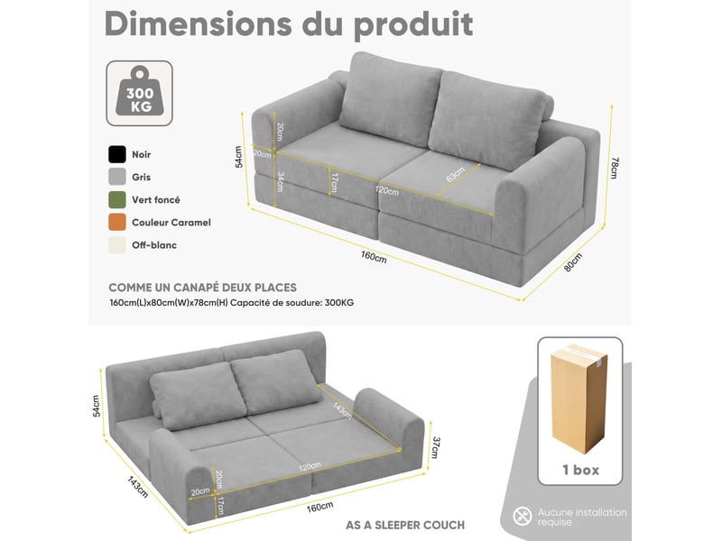  Canapé convertible pliant 2 places avec mousse à mémoire de forme, fauteuil et couchage en tissu gris  - Conforama C