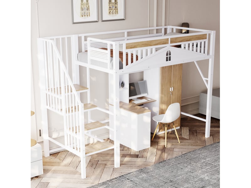 Lit mezzanine 90x200 cm avec échelle de sécurité et rangement en métal et bois blanc - Conforama B