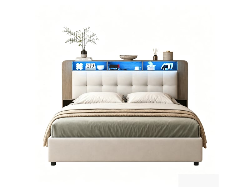  Lit coffre 160x200 cm, avec éclairage led et chargement sans fil, avec espace de rangement et sommier à lattes, lit double rembourré, en velours beige  - Conforama A