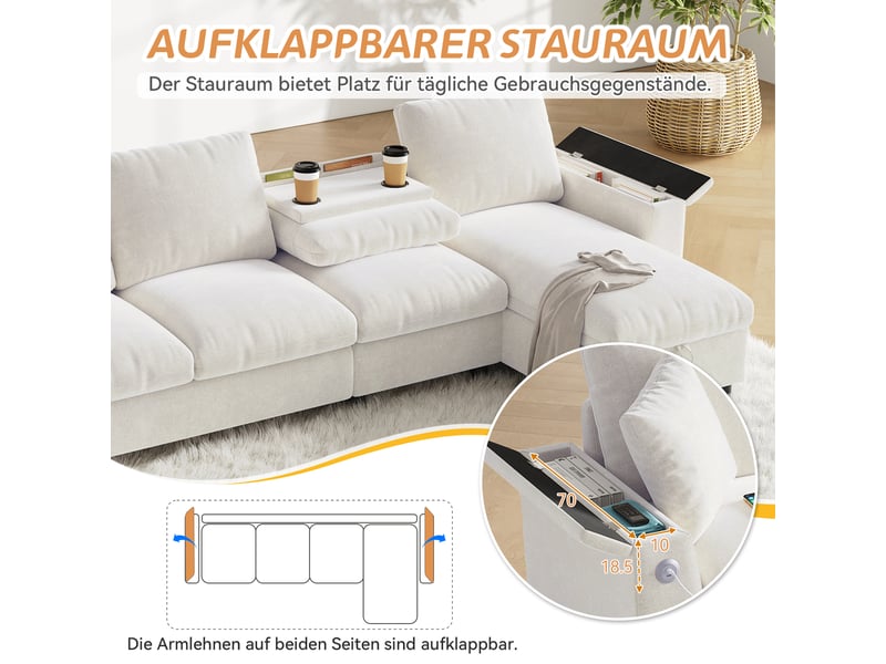 Canapé d'angle réversible 4 places en tissu chenille, avec grand coffre de rangement, table rabattable et ports usb, pour salon, beige - Conforama E