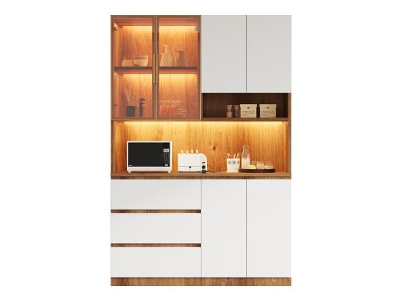 Meubles de cuisine, vitrines de cuisine avec éclairage led, meubles multifonctionnels avec 3 tiroirs, 6 portes et étagères pour ranger la vaisselle, micro-ondes intégré. Dimensions : l 120,5 × p 40 × h 180 cm - Conforama A