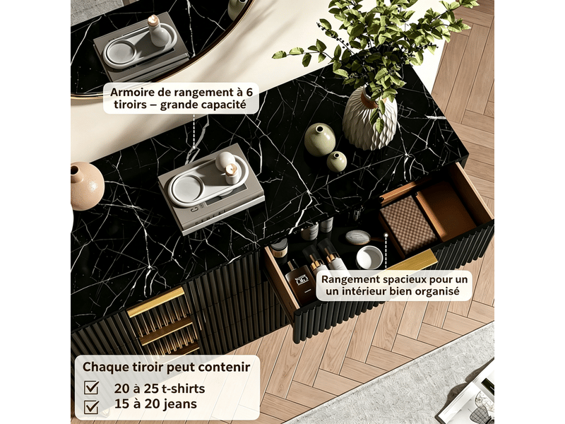  Commode à 6 tiroirs pour la chambre, modèle moderne en bois rainuré avec poignées dorées, meuble à effet marbre pour l’entrée (noir)  - Conforama E