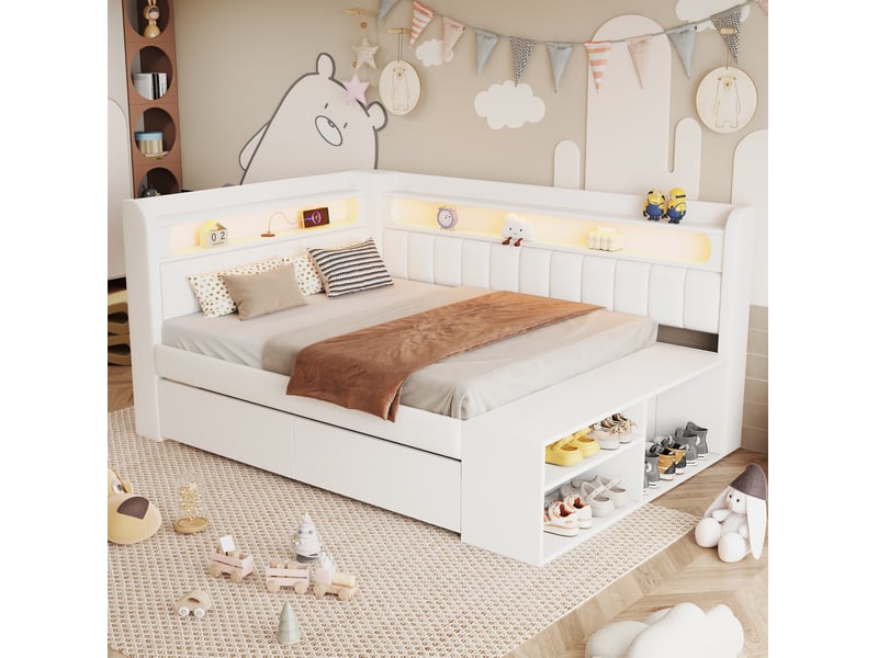  Modenvie lit banquette 90x200 cm - avec led, ports usb et 2 tiroirs - avec meuble à chaussures - blanc  - Conforama E