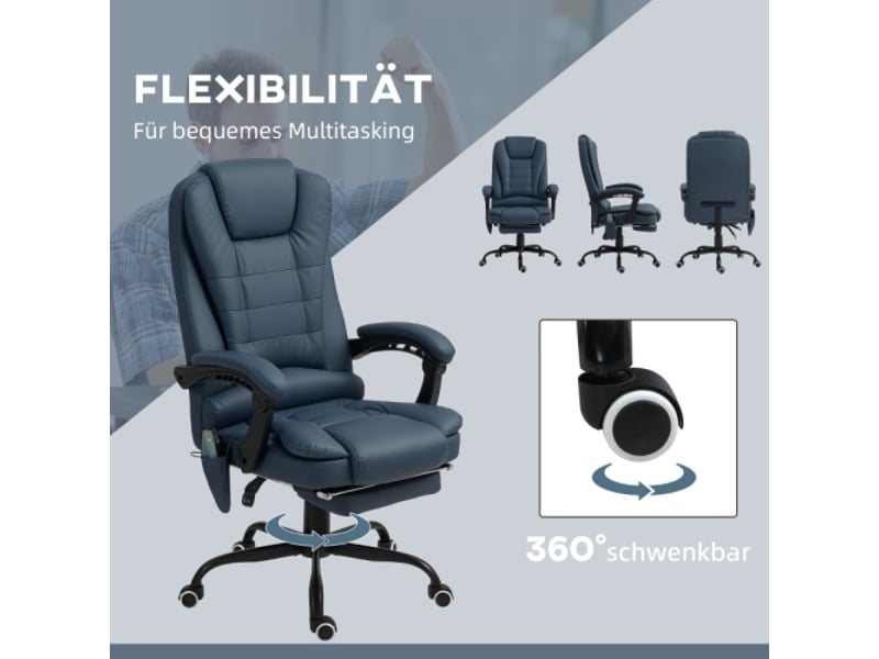 Fauteuil de bureau massant bleu avec 7 points de vibration, repose-pieds et dossier réglables, 120 kg - Conforama E