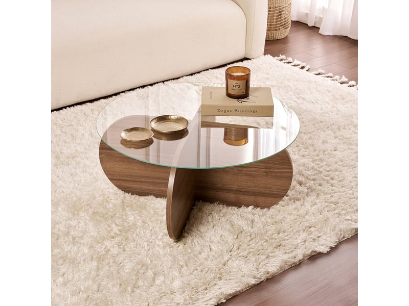  Table basse ronde en verre piètement couleur bois foncé d75 cm  - Conforama B
