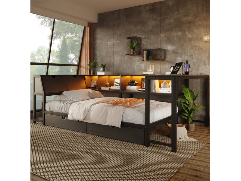 Lit simple 90 × 200 cm avec tête de lit relevable, bureau, 2 tiroirs et éclairage led pour chambre, noir - Conforama D