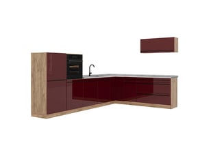 Vicco cuisine en angle, rouge brillantchêne doré, 327 x cm plan de travail marbre