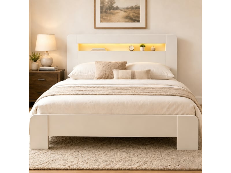 Cadre de lit en bois 140 x 200 cm avec rangement tête de lit, led et prises intégrées, coloris blanc  - Conforama C
