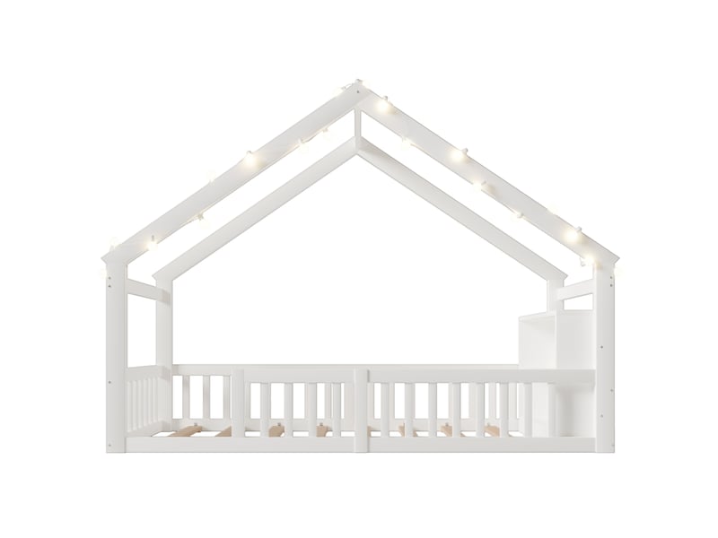  Lit enfant blanc 90x190 cm en pin, garde-corps, led et cadre style maison  - Conforama A