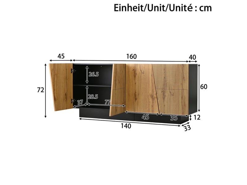  Buffet moderne de 160 cm, meuble de rangement avec grand espace de rangement, un design géométrique et une étagère réglable, marron  - Conforama C