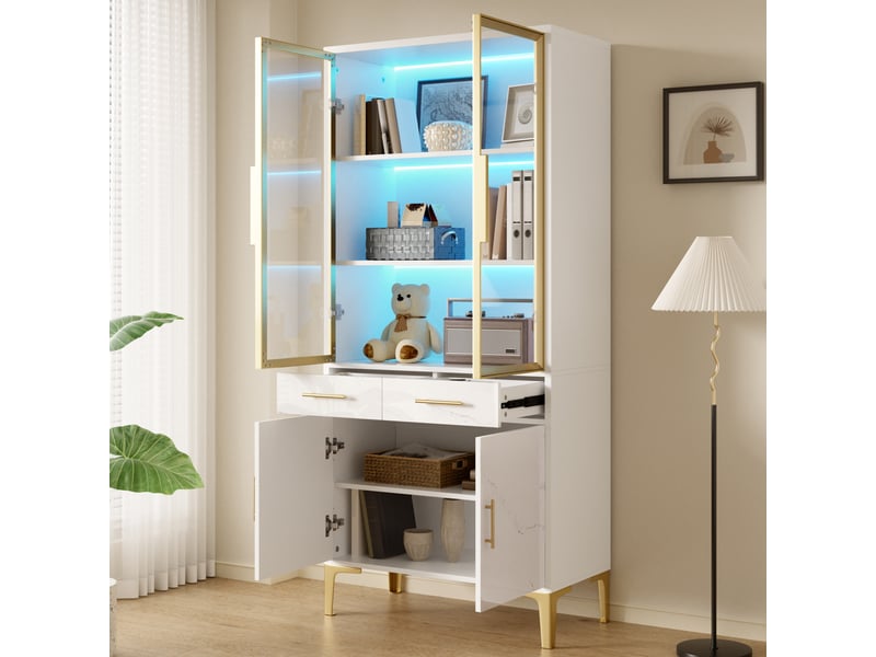  Vitrine haut de gamme blanc marbré - grand meuble de rangement salon avec éclairage led et tiroirs  - Conforama D