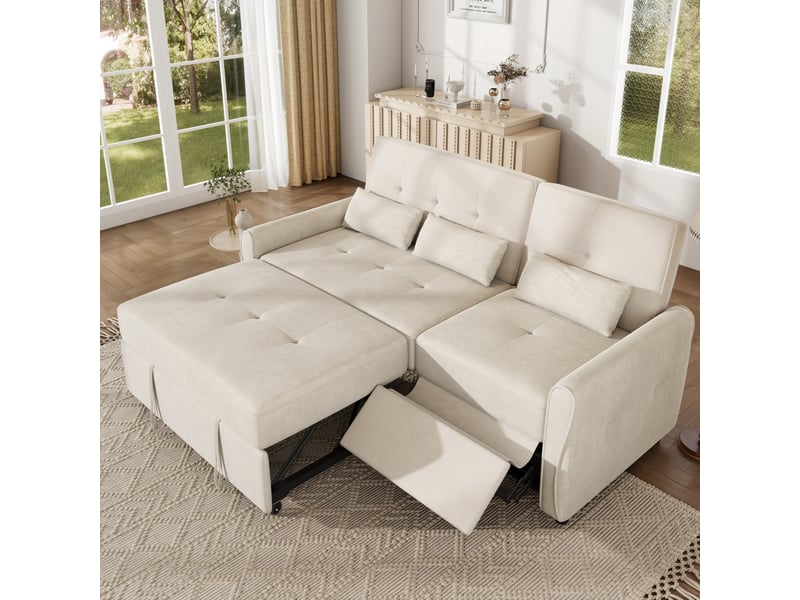 Canapé convertible 3 places avec dossier réglable et assise extensible, repose-pieds et 3 coussins en chenille beige - Conforama B