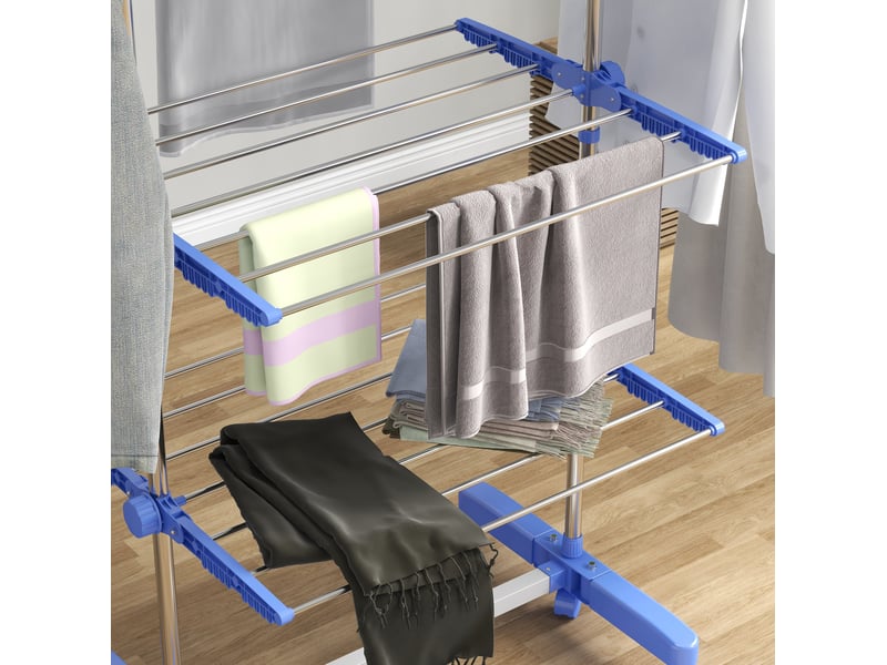  Séchoir à linge sur roulettes, échelle 2 niveaux, pliable, ailes pliantes, support en acier inoxydable bleu  - Conforama D