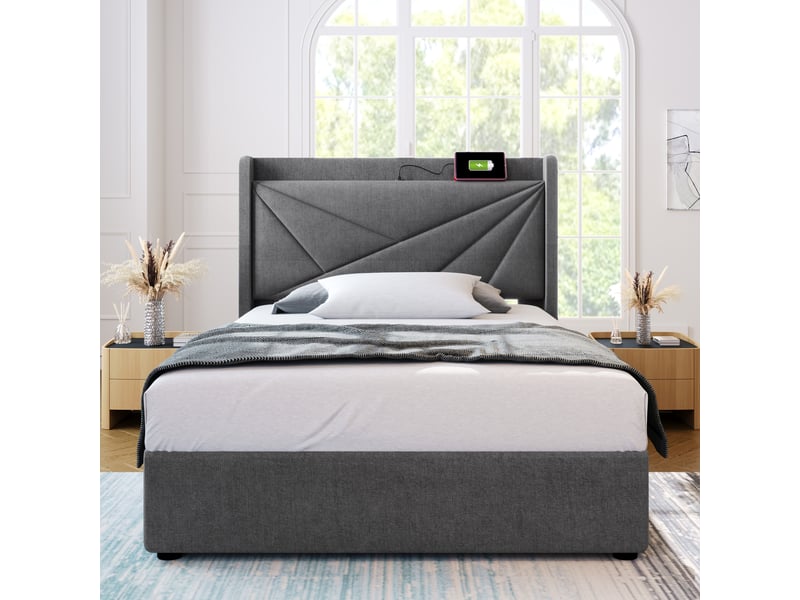  Lit coffre 90x200 cm - lit simple avec sommier et matelas ferme - coton bois métal - avec matelas - gris  - Conforama E