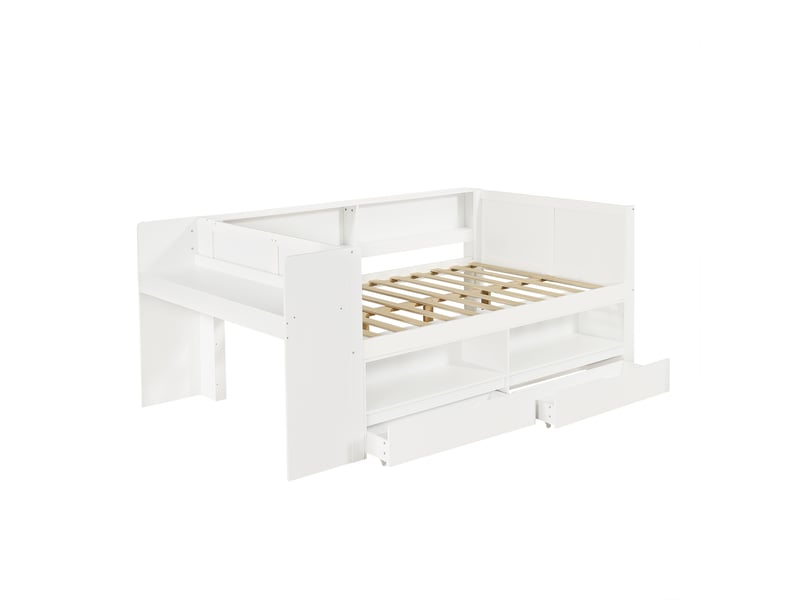  Lit combiné 1 place 120 × 200 cm avec bureau, armoire, 2 tiroirs et étagères, sans matelas, en bois blanc  - Conforama E