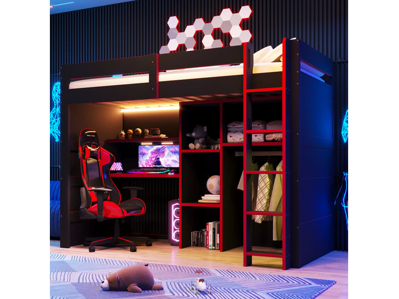  Lit mezzanine 90x200 cm en mdf et contreplaqué noir et rouge, bureau, rangement, led et usb, sans matelas  - Conforama B