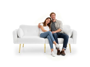Canapé convertible 2 places design moderne, canapé tissu bouclette blanc avec dossier inclinable 3 positions et pieds en métal doré.