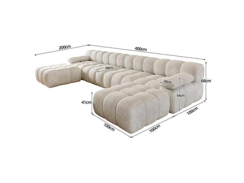  Canapé d’angle en u 6 places 400x200x68 cm sans structure, sans montage, canapé compressé en mousse haute résilience, tissu chenille blanc  - Conforama D