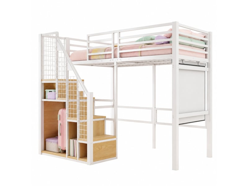  Lit mezzanine enfant 90x200 cm – blanc – escalier, rangement intégré et espace sous lit – sans matelas  - Conforama A