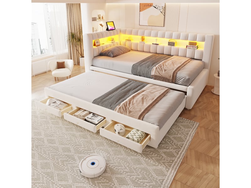  Canapé-lit 90 x 190 cm – avec lit gigogne – avec 3 tiroirs – avec éclairage led – avec port de charge usb – beige (matelas non inclus)  - Conforama D