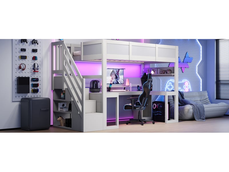 Lit mezzanine simple 90×200 cm avec bureau, port usb, led réglable et 4 rangements - okmyhome- blanc, sans matelas - Conforama E