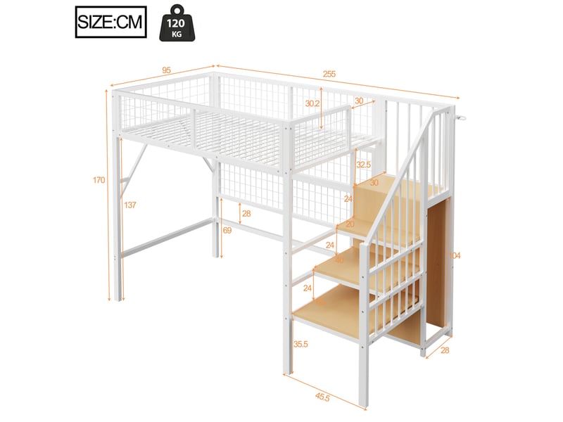  Lit mezzanine enfant 90x200 cm – blanc – escalier avec rangement, penderie ouverte et led contrôlée par application  - Conforama C