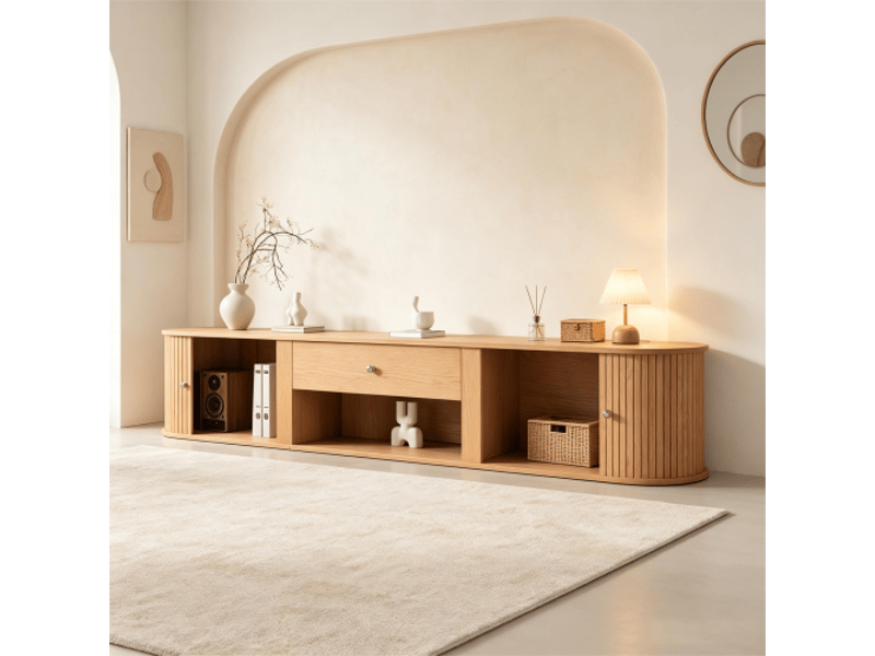 Console tv ronde bois clair – 2 portes et tiroir, meuble tv jusqu'à 75'' (180x40x40 cm) salon ou salle à manger  - Conforama E