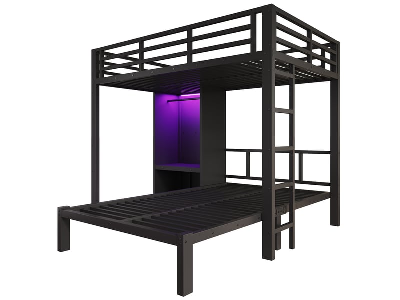  Lit superposé en métal 120 x 200 cm, noir, avec 2 couchages, échelle droite, penderie intégrée et éclairage led.  - Conforama D