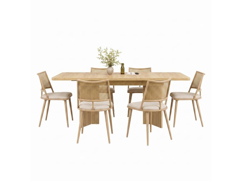  Ensemble table à manger extensible 120-160 cm + 6 chaises beiges purotin – piètement en v, rainurage vertical  - Conforama A