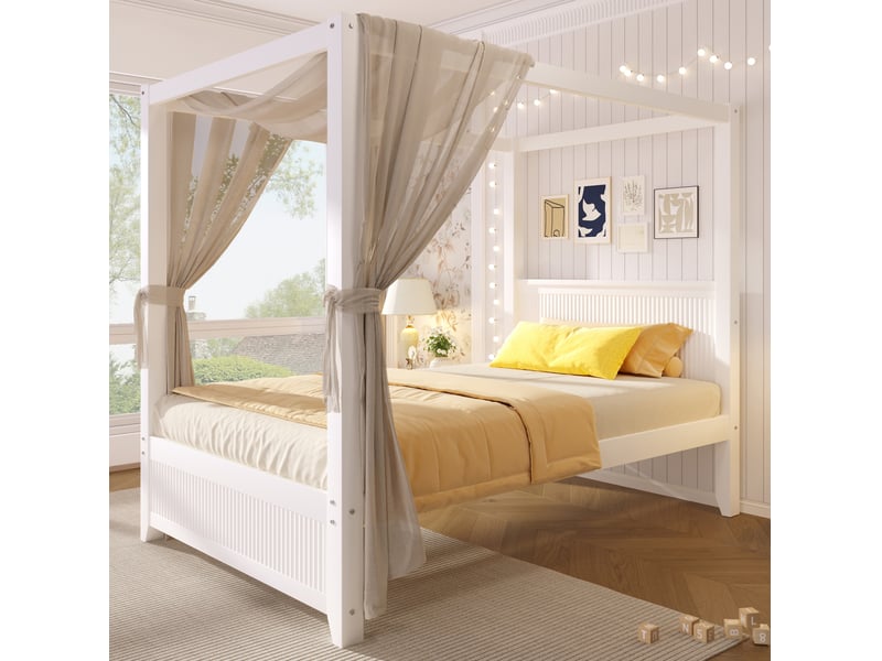  Lit à baldaquin 90x200 cm avec cadre de toit décoratif, lattes verticales têtepieds, bois mdf pin, blanc sans matelas  - Conforama B