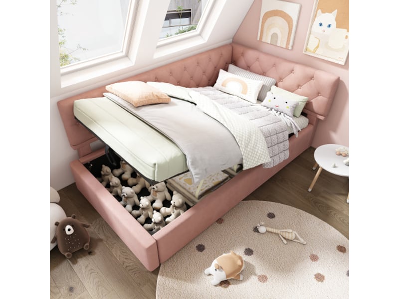  Lit enfant 90x190 cm, canapé avec rangement hydraulique, cadre de lit avec sommier à lattes en bois, sans matelas, velours, rose  - Conforama B