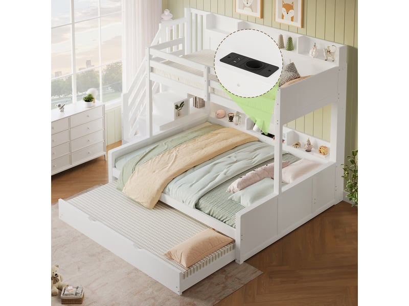  Lit superposé en bois 90 x 200 140 x 200 cm avec lit gigogne 90 x 190 cm, escalier de rangement, usb, blanc  - Conforama E