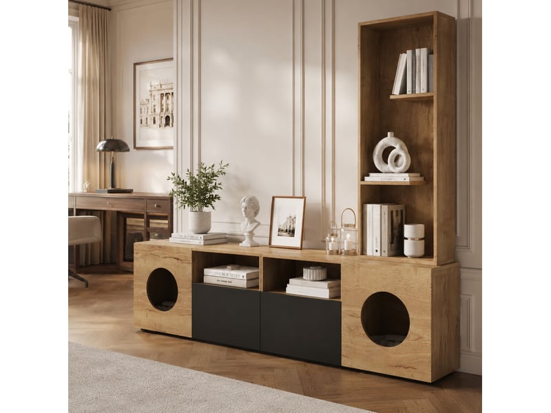  Meuble tv tcqpz avec étagère haute et espace animaux de compagnie 185 x 40 x 162 cm bois naturel et noir  - Conforama E