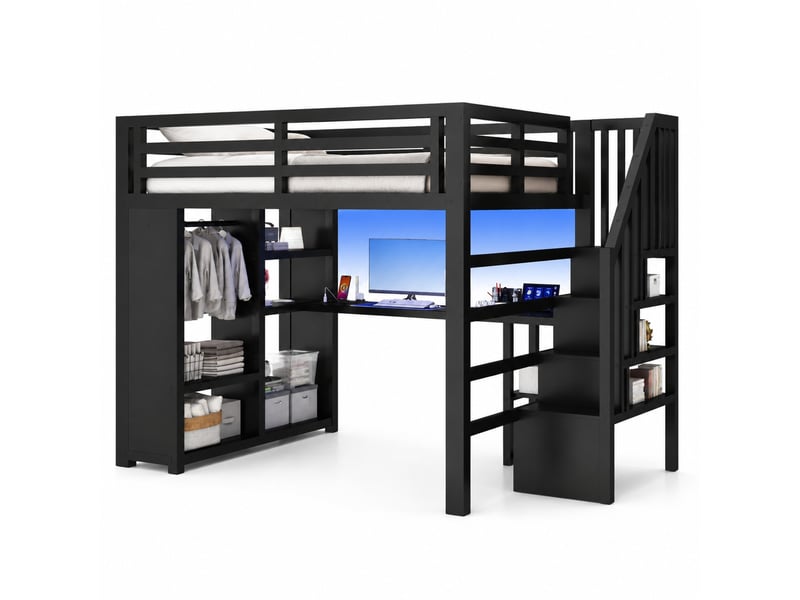  Lit mezzanine 140x200 cm bureau, led usb, armoire ouverte, escalier rangement, garde-corps, métal noir sans matelas  - Conforama A