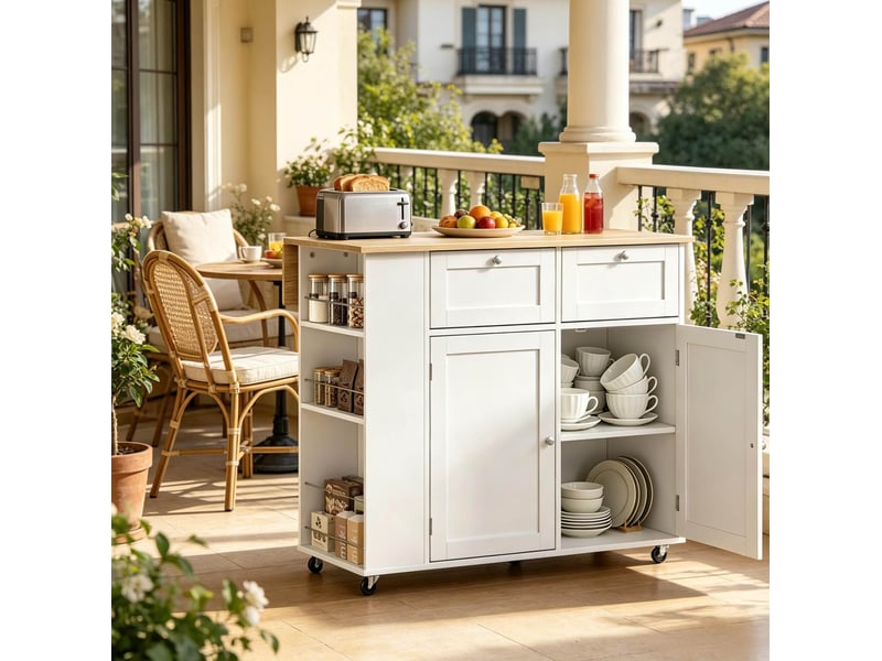  Îlot de cuisine mobile 101x62x86 cm avec plateau rabattable, blanc et chêne clair  - Conforama D
