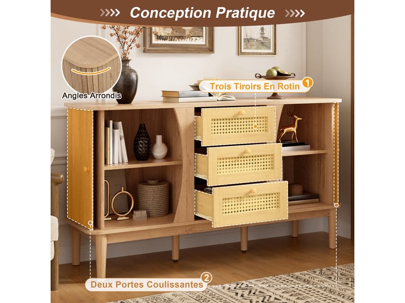  Buffet de rangement 141x40x77 cm, façades en rotin, portes coulissantes, 3 tiroirs pour salon et salle à manger - naturel GL1745O-1 - Conforama D