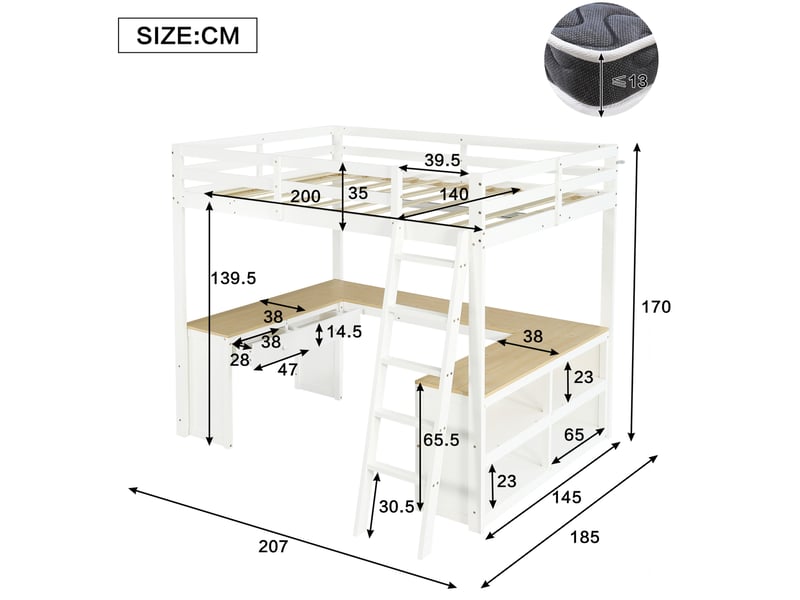  Lit mezzanine enfant 140x200 cm, avec bureau en u, deux tiroirs, rangements, bois et mdf, blanc naturel, sans matelas  - Conforama C