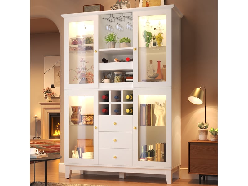  Buffet à vin modenvie avec éclairage led connecté, 120 x 40 x 180,5 cm, 3 tiroirs, range-verres et range-bouteilles, blanc  - Conforama E
