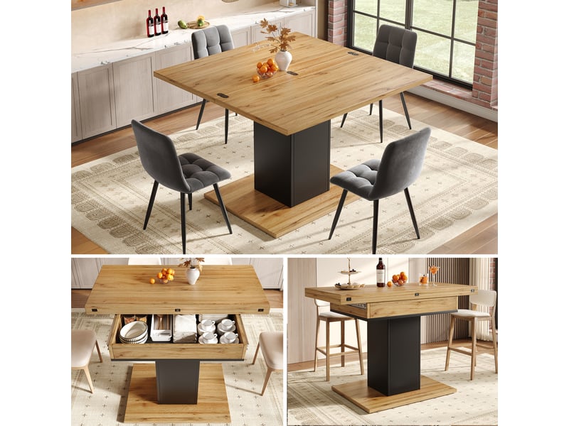  Table à manger extensible 60-120x120x75.1cm avec rangement, plateau rabattable et piètement carré, pour cuisine et salle à manger, naturel evarich - Conforama D