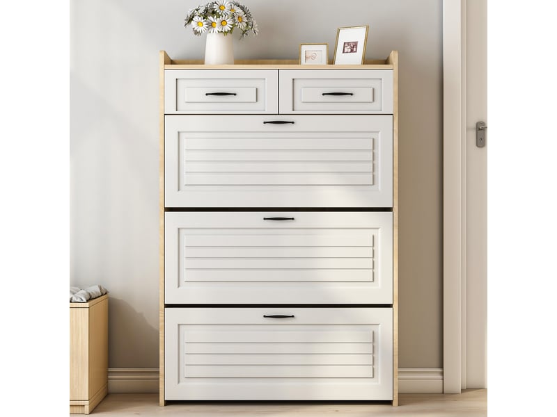 Meuble à chaussures avec 3 compartiments et 2 tiroirs - rangement pratique - mdf - sécurité anti-basculement - 125x80x23,5 cm - blanc et naturel  - Conforama D
