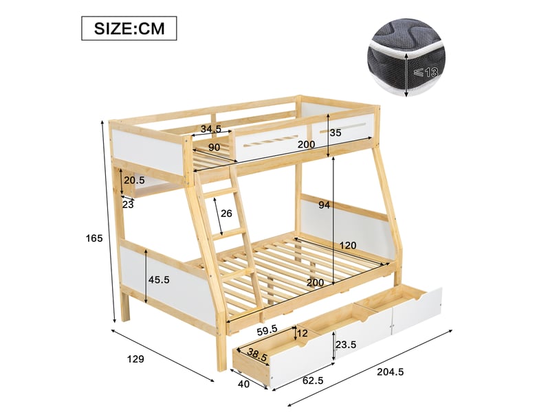  Lit superposé enfant 90x200 et 120x200 cm blanc et naturel avec 3 tiroirs  - Conforama C