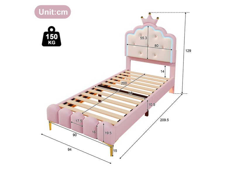  Lit enfant 90x200cm,lit simple pour filles en pu avec lumière led et pieds dorés,en forme de couronne,rose lit enfant rose - Conforama C
