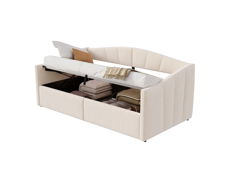  Lit enfant 90 x 200 cm rangement sommier à lattes accoudoirs dossier rayé tissu velours beige sans matelas  - Conforama A