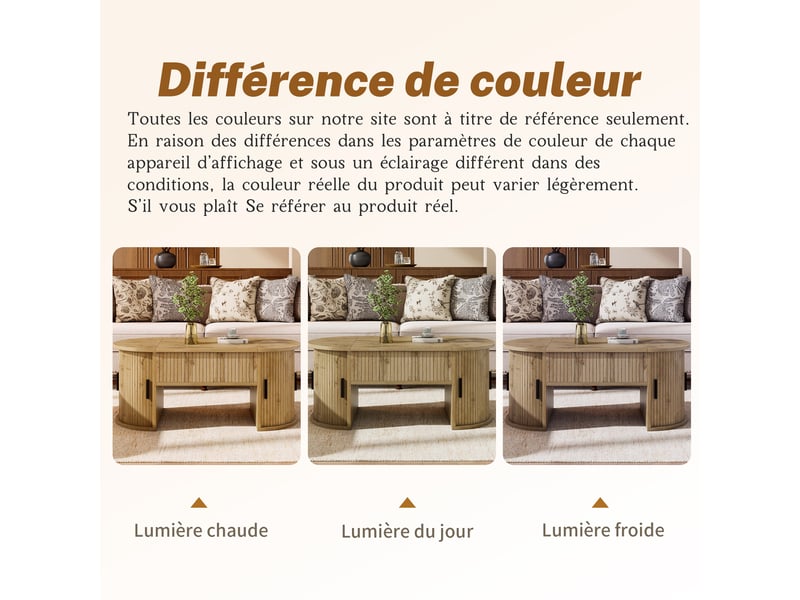  Table basse chêne, rangement, étagères réglables, plan relevable, portes coulissantes, design moderne - mdf - 100x50x40.5cm - salon  - Conforama B