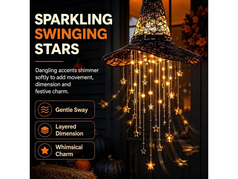 2 pièces décoration halloween suspendue, chapeau de sorcière lumineux led avec étoiles en cascade, pour porche, terrasse et entrée - Conforama C