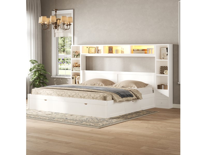  Lit plateforme avec rangement 180x200 cm blanc en mdf et contreplaqué, 7 tiroirs et éclairage led intégré  - Conforama B