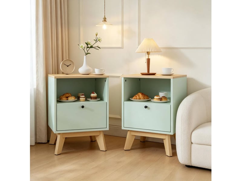  Lot de 2 tables de chevet tcqpz 40 x 40 x 55 cm avec tiroir et niche ouverte mdf vert clair effet chêne  - Conforama B